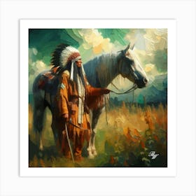 Elderly Native American Warrior With Horse 2 1 Art Print