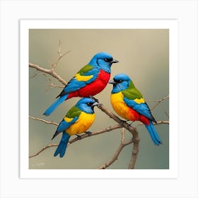 Three Colorful Birds Perched On A Branch Art Print