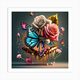 Butterfly And Roses Art Print