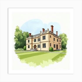 Watercolor Illustration Of The Gawthorpe Hall In Lancashire, Showcasing Its Historic Design And Serene Grounds Art Print