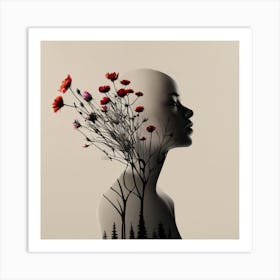  Silhouette of a bald girl with wild flower. Art Print