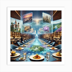 A Futuristic Restaurant Setting With Holographic S Art Print