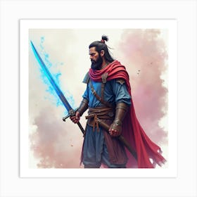 Warrior With Magical Sword, Vivid Watercolor Setting 1 Art Print