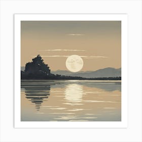 Full Moon Over Lake art print Art Print