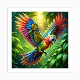 Rainbow Macaw Flying In Lush Green Jungle Art Print