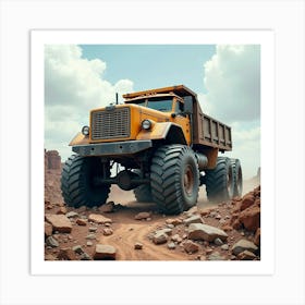 Gigantic Truck With Heavy Duty Tires Navigating Treacherous Rocky Terrain 1 Art Print