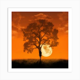 Silhouette Of A Girl Under A Tree Art Print