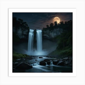 Full Moon Over Waterfall 2 Art Print