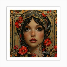 Girl With Red Flowers Art Print