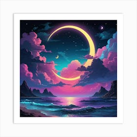 In The Dark Of Night Moonlit beach Art Print