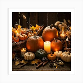 Autumn Harvest Table Laden With An Assortment Of Pumpkins Gourds And Dried Cornhusks Surrounded B (1) Art Print