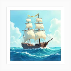 Enchanted Ship Drifting In Watercolor Tranquil Ocean 1 Art Print