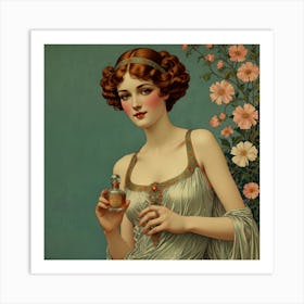 Vintage Woman Holding Perfume Bottle Art Print