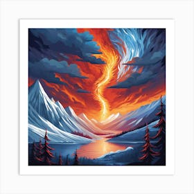 Fire In The Mountains, A Landscape Where Fire And Ice Coexist Representing The Balance Of Facing And Overcoming Art Print