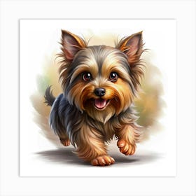 A Small Yorkshire Terrier Dog With Brown And Black Fur, Looking At The Camera With Its Mouth Open, In A Running Pose Art Print