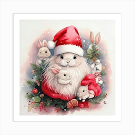 Firefly Christmas, Bunnies, Santa, Hat, Pastel, Watercolor, Pink, Dresses, Cute, Festive, Holiday, W Art Print