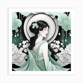 Chinese Woman Elegant Silhouette Japanese Textured Monohromatic Art Print