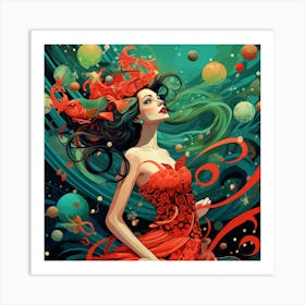 Girl In A Red Dress Art Print