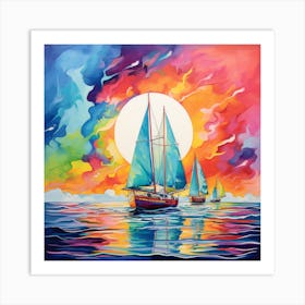 Sailboats At Sunset 5 Art Print