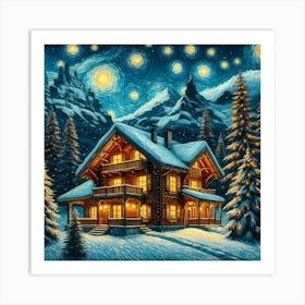 Swiss Chalet With Pine Trees In A Winter Wonderland At Starey Night Painting Art Art Print