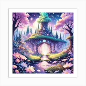 A Fantasy Forest With Twinkling Stars In Pastel Tone Square Composition 368 Art Print