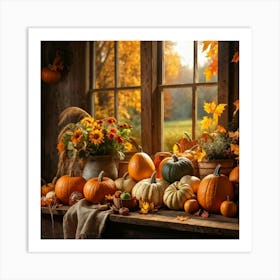 Autumn Harvest Celebration Captured In A Rustic Farmhouse Setting Pumpkins And Various Gourds Offer (6) Art Print