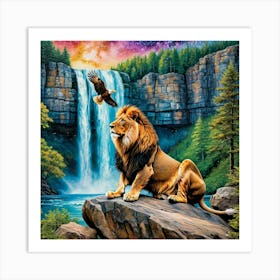 Lion And Waterfall Art Print