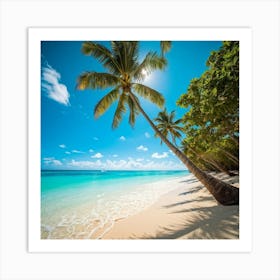 A Sunny Beach In A Tropical Paradise Palm Trees Bending Slightly Above The Turquoise Waters Edge Art Print