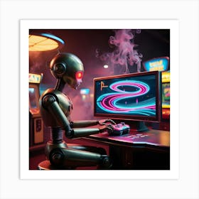 A Worn, Retro Futuristic Robot With Brass Accents And Visible Mechanical Joints Sits In A Dimly Lit, Smoke Filled Arcade, Its Glowing Red Eyes Fixed On A High Tech Video Game Console Displaying A Mesmerizing Neon Lit Virtual World Art Print