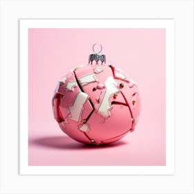 Broken Christmas Ball On A Pink Surface With A Bandaid On Art Print