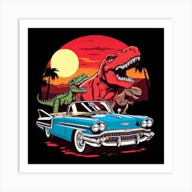 Dinosaurs And Car 1 Art Print