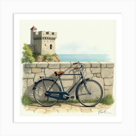 Old Bike By An Ancient Stone Castle Watercolor Painting 1 Art Print