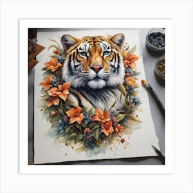 Tiger With Flowers Art Print