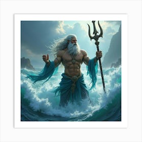 A Powerful Sea God Emerging From The Ocean With A Trident In Hand Art Print