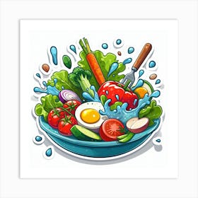 A Plate Of Food And Vegetables Sticker Top Splashing Water View Food 4 Art Print