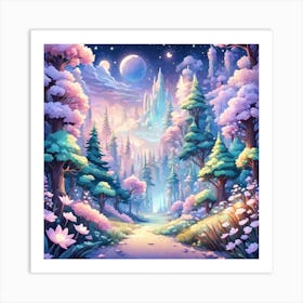 A Fantasy Forest With Twinkling Stars In Pastel Tone Square Composition 337 Art Print