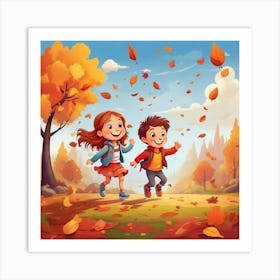 Autumn Kids Running In The Park Art Print