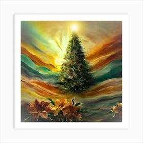 Christmas Tree with dreamy forest abstract art. Art Print