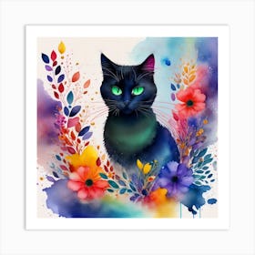 Black Cat With Flowers 6 Art Print