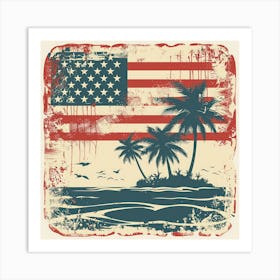 Retro American Flag With Palm Trees 10 Art Print