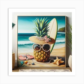 A Colorful and Realistic Painting of a Pineapple with Pearl Earrings and a Straw Hat, Leaning on a Surfboard on a Tropical Beach Art Print