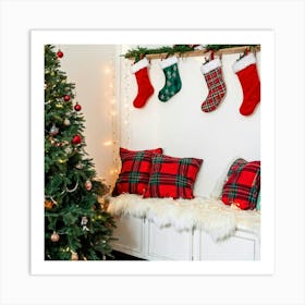 Festive Christmas Decorations Adorning A Charming Holiday Shelf Laden With An Assortment Of Seasona Art Print