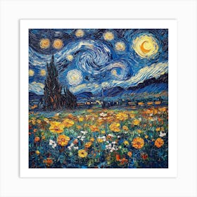 Field of Flowers Starry Night Van Gogh Inspired Art Print