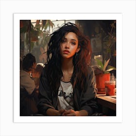 Girl With Long Hair In Boho Plant Cafe Art Print