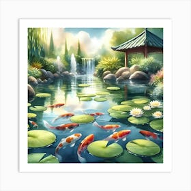 Serene Koi Fish Pond With Lily Pads, Watercolor Painting 3 Art Print