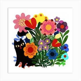 Black Garden Cat Square Art Print