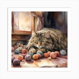 A cat taking a nap in the evening with wool balls scattered around and a warm winter atmosphere 2 Art Print