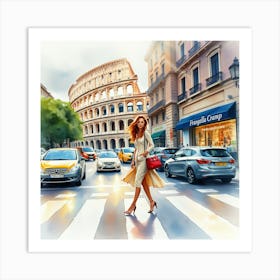 Woman Crossing The Street In Rome Art Print