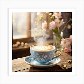 Vintage Style Latte Art Featuring An Intricate Floral Pattern Cradled In A Fine China Cup With Deli (1) Art Print