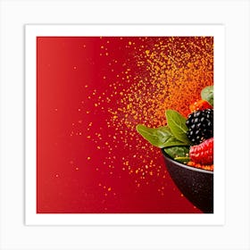 Berries In A Bowl On Red Background Art Print